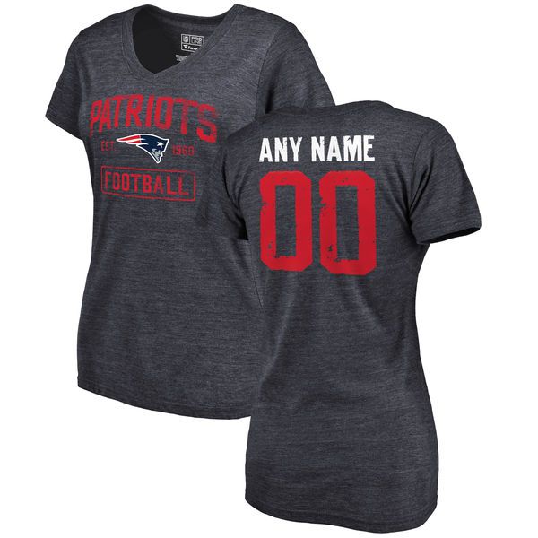 Women Navy New England Patriots Distressed Custom Name and Number Tri-Blend V-Neck NFL T-Shirt->nfl t-shirts->Sports Accessory